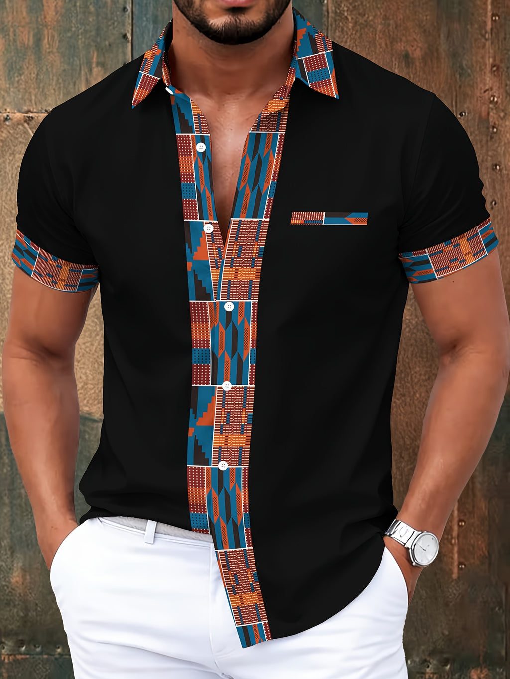Fashion Casual Style Men'S Casual Shirt, Printed Pattern, Blue And Orange Geometric Design, Summer, Traditional African Tribal Elements, Fashion Casual Short-Sleeve Shirt