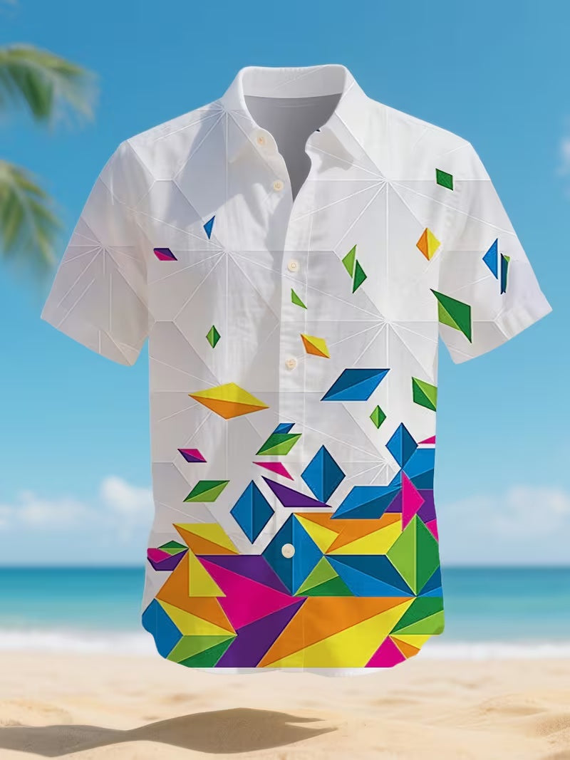 Fashion Geometric Print Men'S Casual Shirt - Short Sleeve Button Design, Summer Outdoor And Leisure Wear