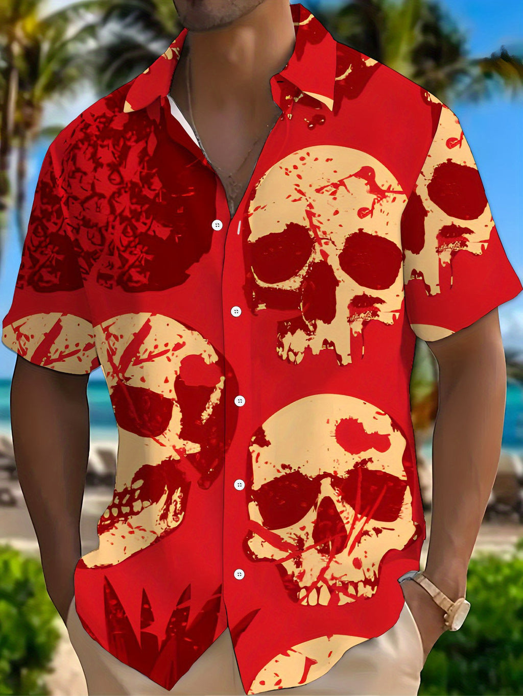 Men's Skull & Pineapple Print Button-Up Shirt - Vibrant Red Short Sleeve Lapel Collar Summer Beach Shirt, Regular Fit Casual Buttoned Top Suitable for Dates, Vacations, Gifts, Machine Washable Minimalist Streetwear for Casual Attire