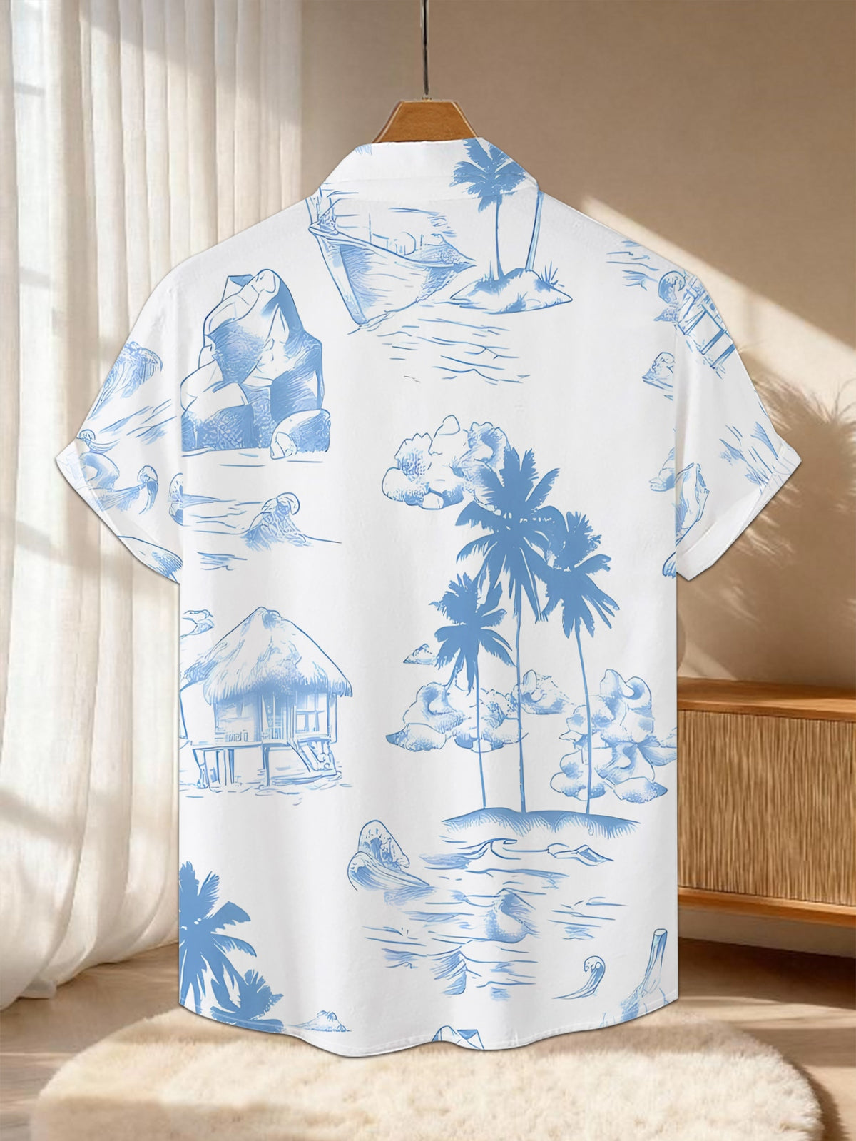 New Men's Casual Short-Sleeve Shirt, Blue Island Water House Coconut Wave Print, Vacation Style Repeating Pattern, Versatile Casual Top for Holiday Parties and Commuting, Polyester Fiber Fabric, Machine Washable, Button-Up Printed Shirt