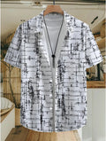 Hawaiian Black And White Patterned Print Men'S Casual Shirt - Short Sleeve Button Design, Vibrant Colors, Suitable for Outdoor And Casual Wear in Summer, Machine Washable