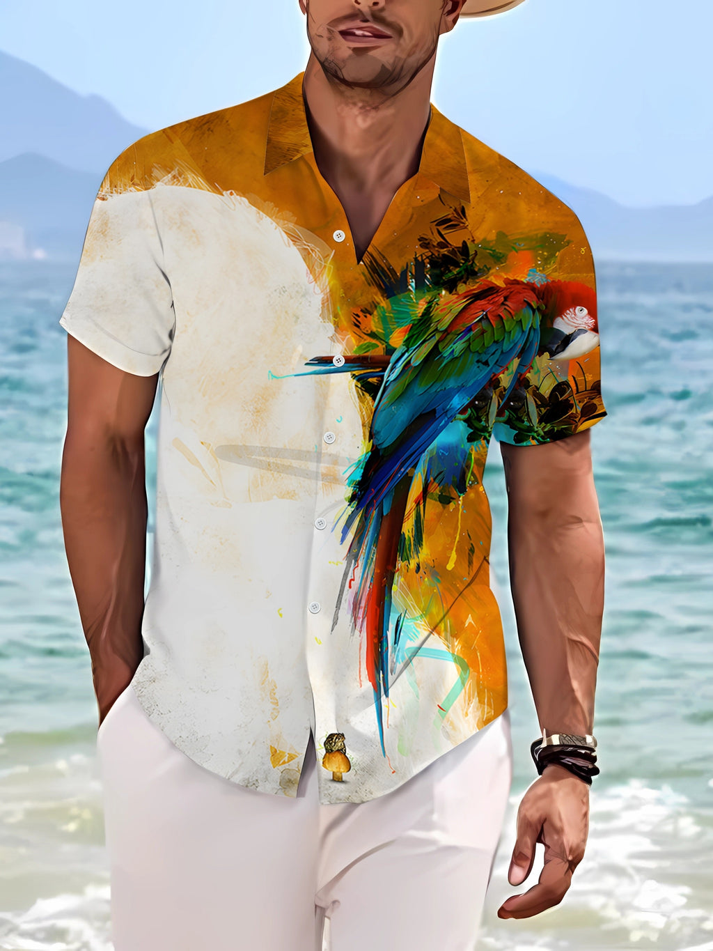 New Trendy Fashion Parrot Print Top Short Men'S Casual Comfortable Shirt