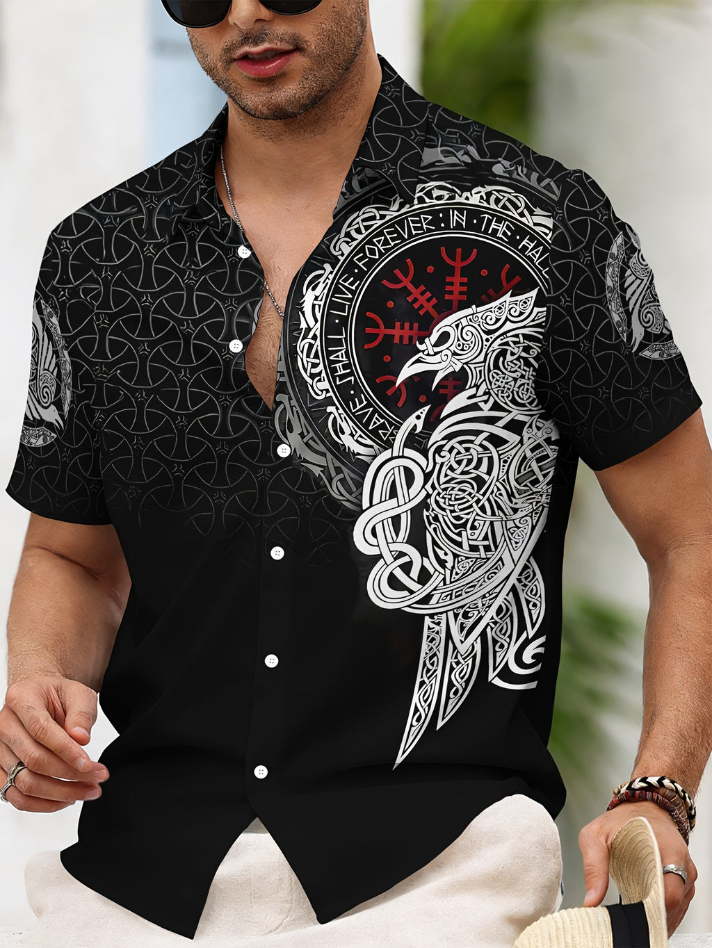 Viking Style Men'S Casual Shirt, Print Black Norse Mythology And Rune Design Summer Detailed Raven And Knotwork Pattern