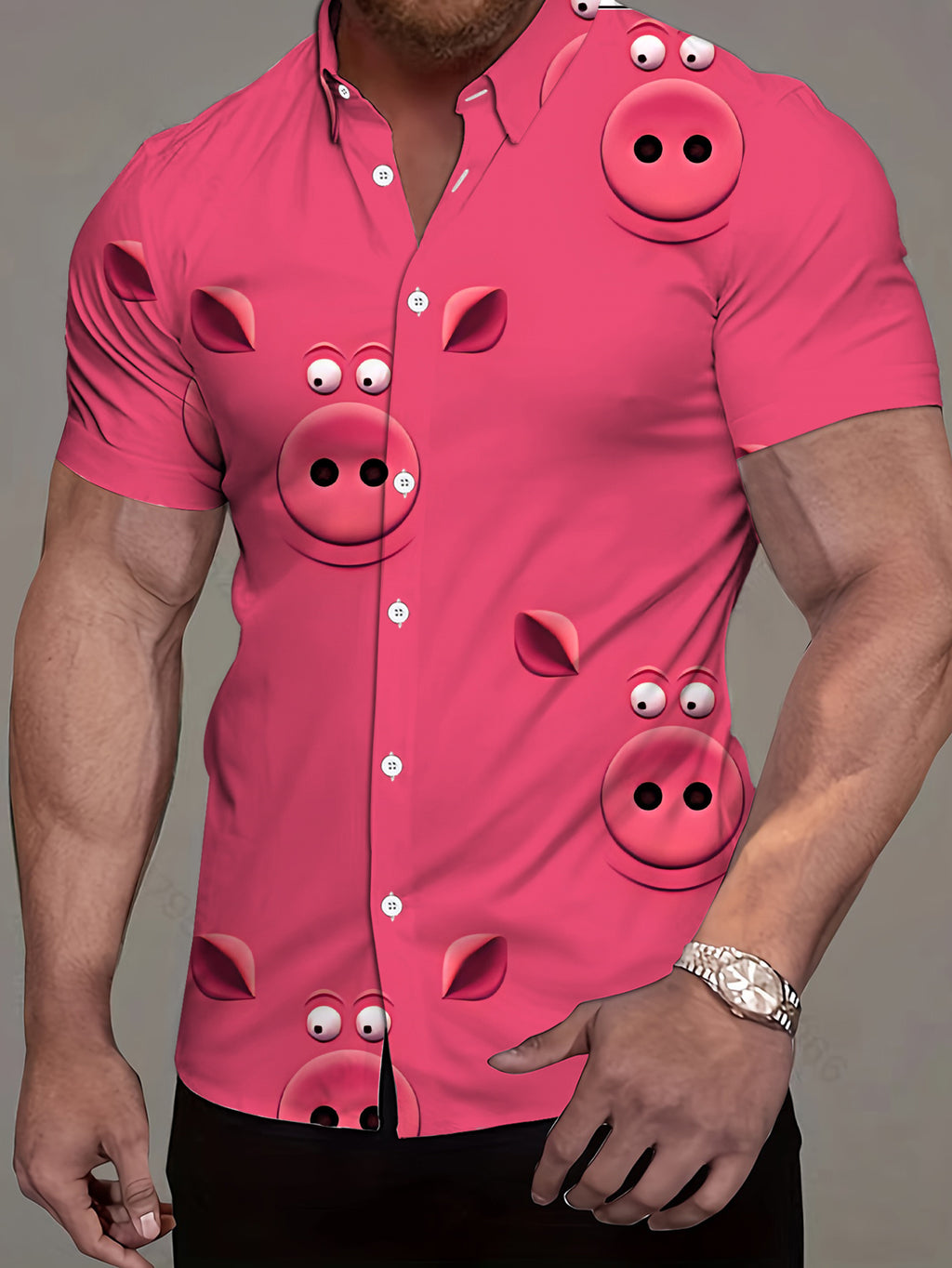 Men's Short-Sleeve Shirt, Fashionable Trendy Digital Print Short-Sleeve Shirt with Pink Cartoon Pig Pattern, Stylish and Elegant, Trendy/Men's/Printed/Summer/Streetwear/Clothing/Apparel