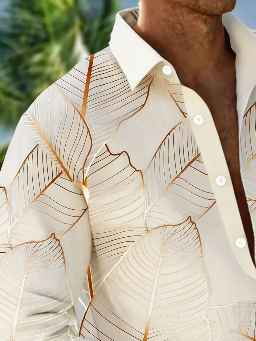 Hawaiian Botanical Leaf Gradient Print Men's Plus Size Button-Up Pocket Long Sleeve Shirt, PLUS SIZE