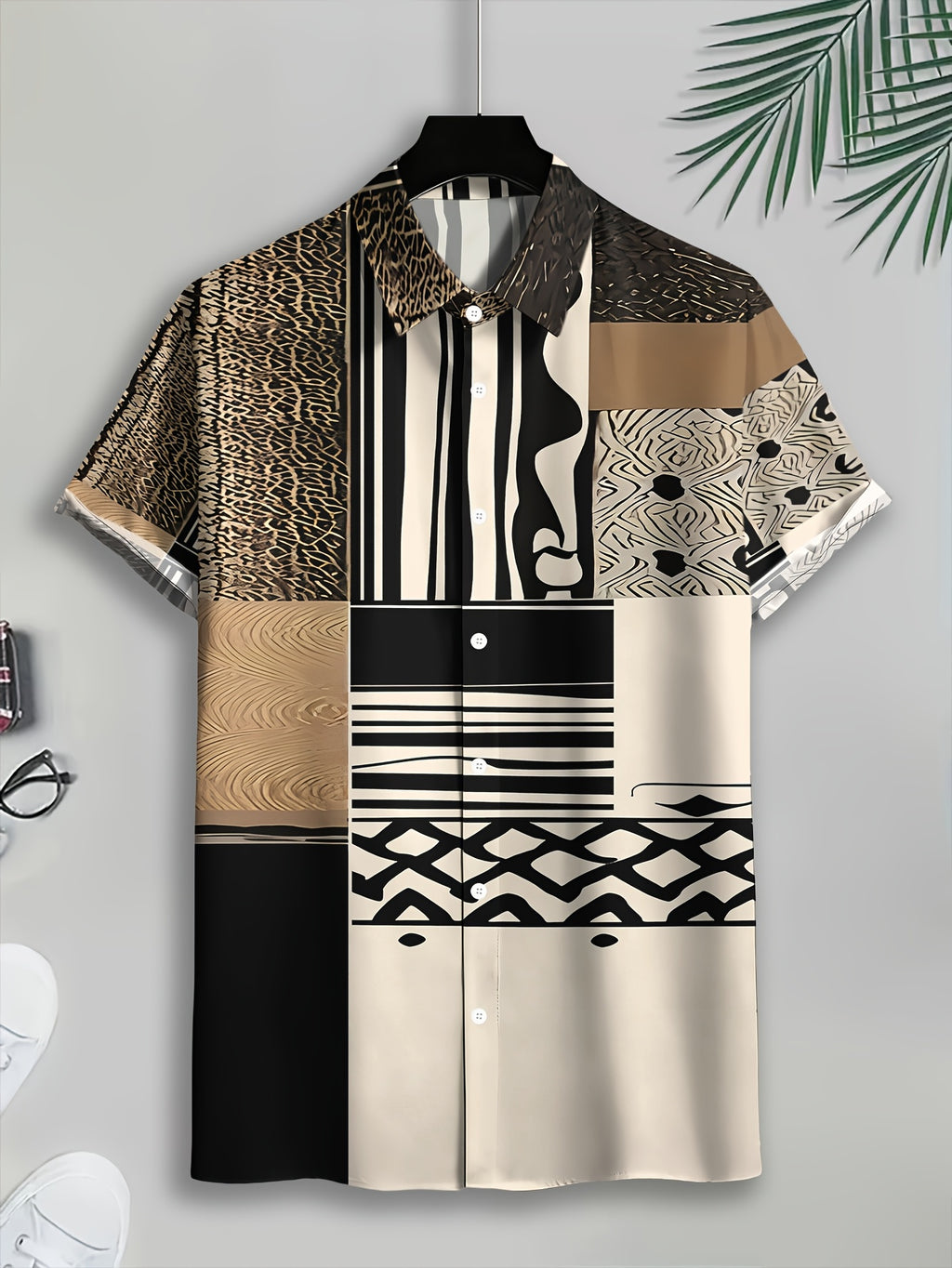 Men'S Casual Shirt, Abstract Animal And Geometric Patterns Print, Summer Bold Design with Leopard Stripes And Tribal Motifs