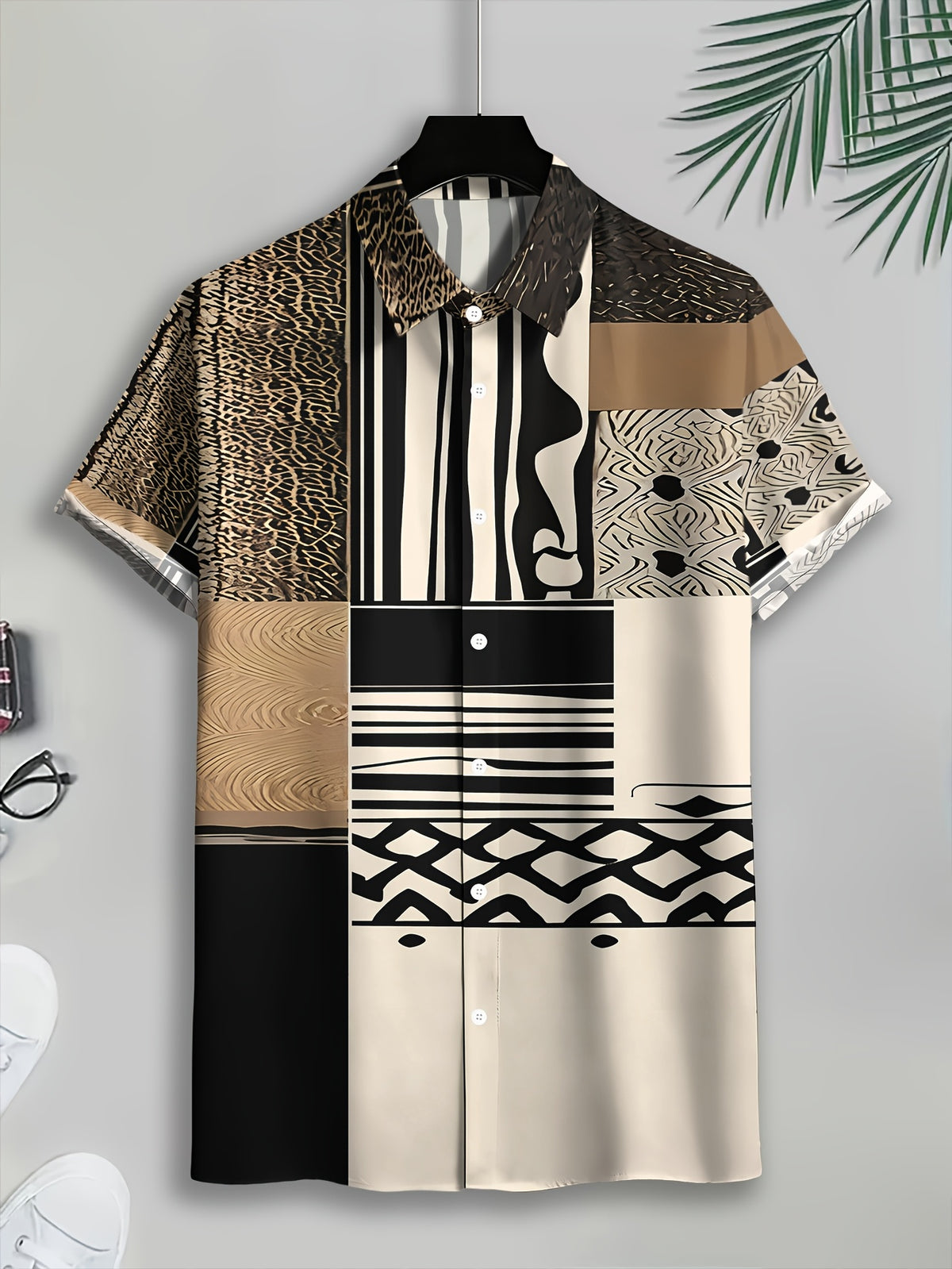 Men'S Casual Shirt, Abstract Animal And Geometric Patterns Print, Summer Bold Design with Leopard Stripes And Tribal Motifs
