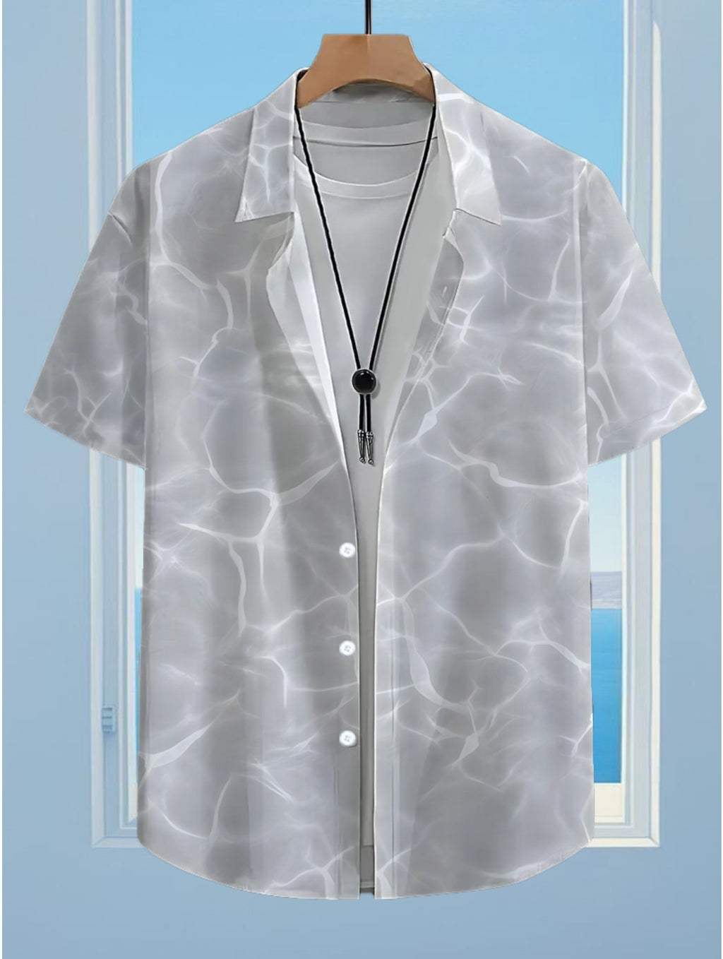 Men's Hawaiian Gray Water Wave Short Sleeve Button- Shirt - Loose Fit Collar, Full-Body Hawaiian Print, Button Front Closure, Machine Washable Summer Beachwear for Casual & Smart-Casual Outfits
