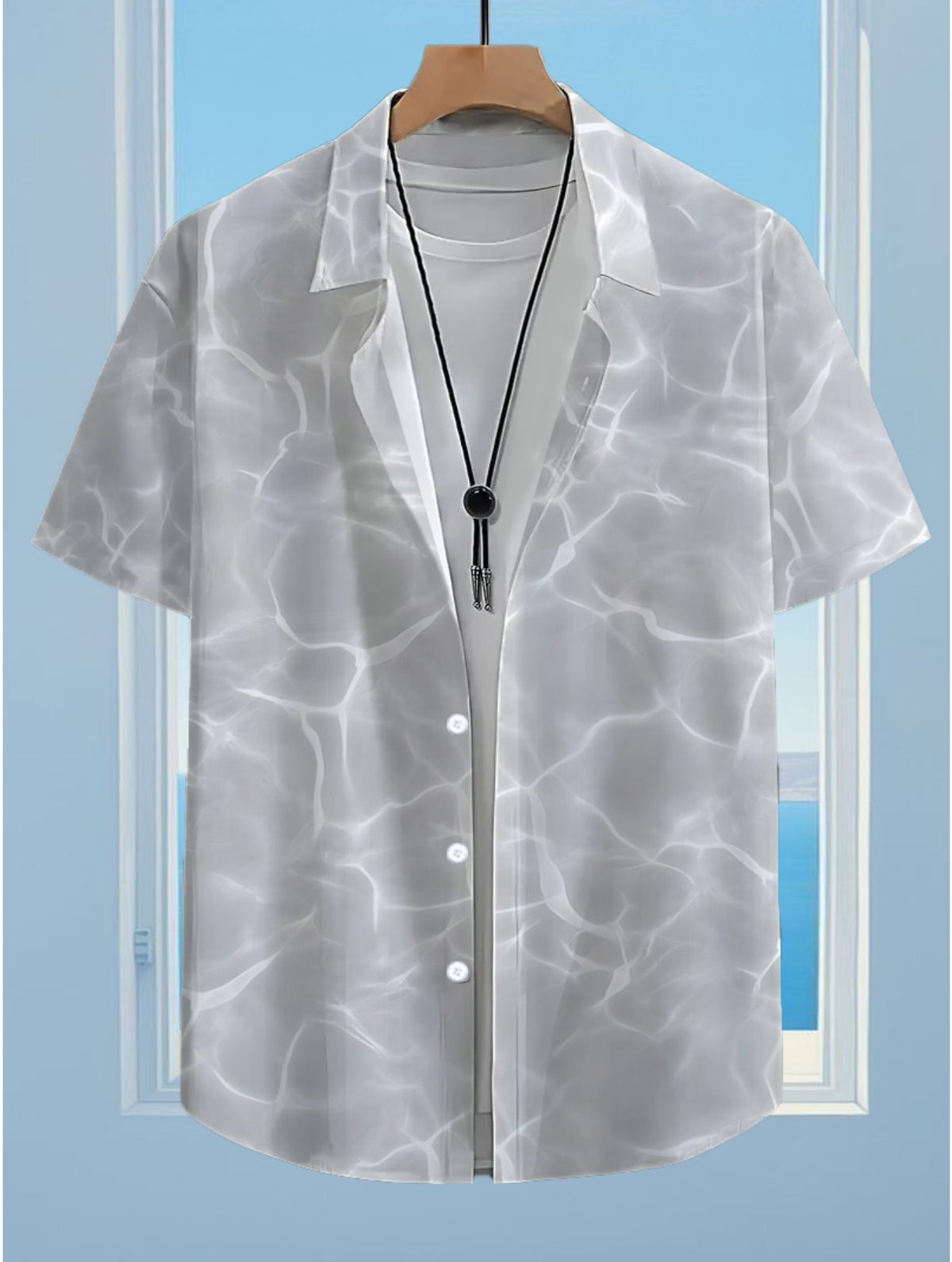 Men's Hawaiian Gray Water Wave Short Sleeve Button- Shirt - Loose Fit Collar, Full-Body Hawaiian Print, Button Front Closure, Machine Washable Summer Beachwear for Casual & Smart-Casual Outfits