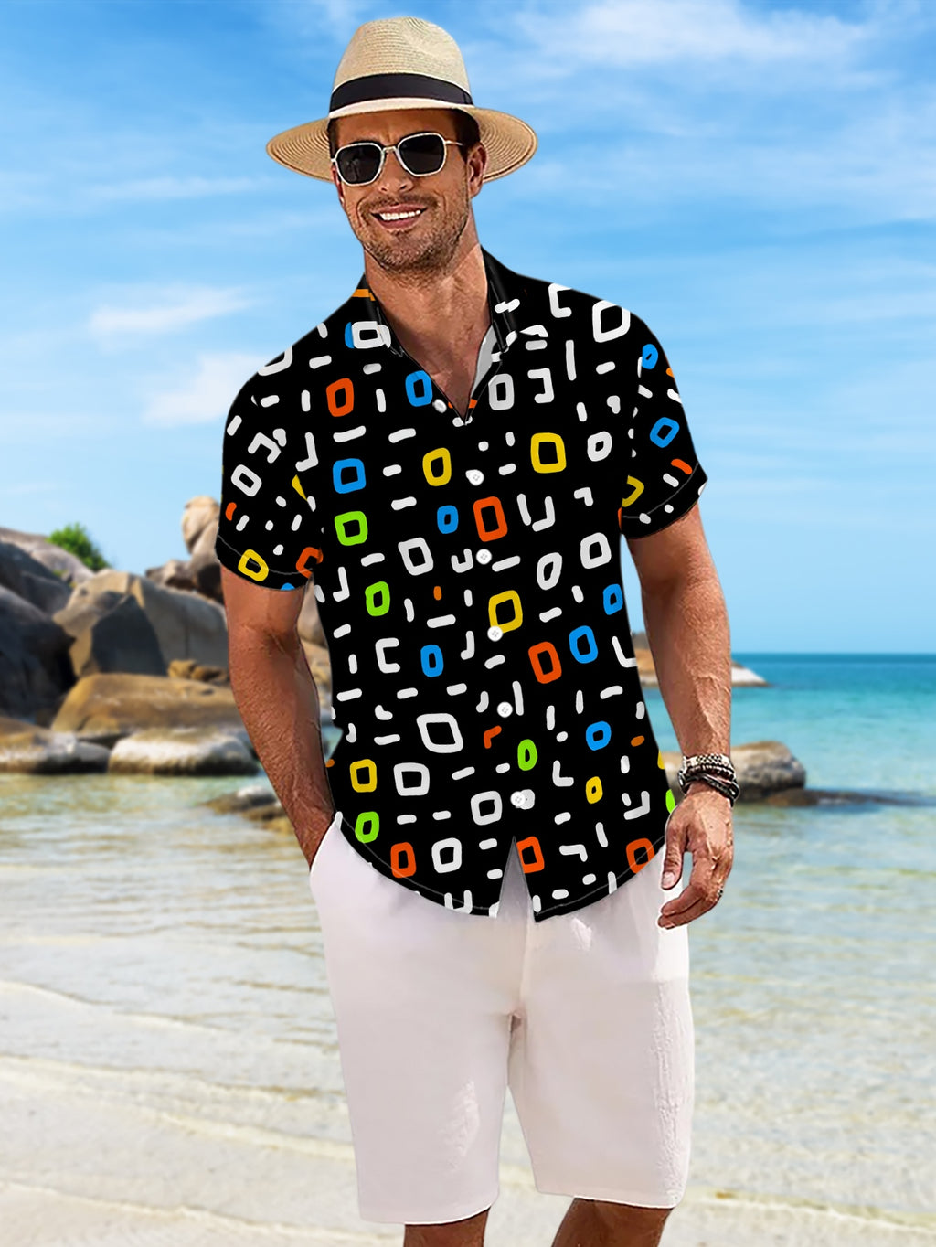 New Men'S Casual Short Sleeve Shirt, Black Background with Colorful White Irregular Short Lines, Festive Gathering Commute All-Match, Polyester Fabric Machine Washable, Button-Print Shirt