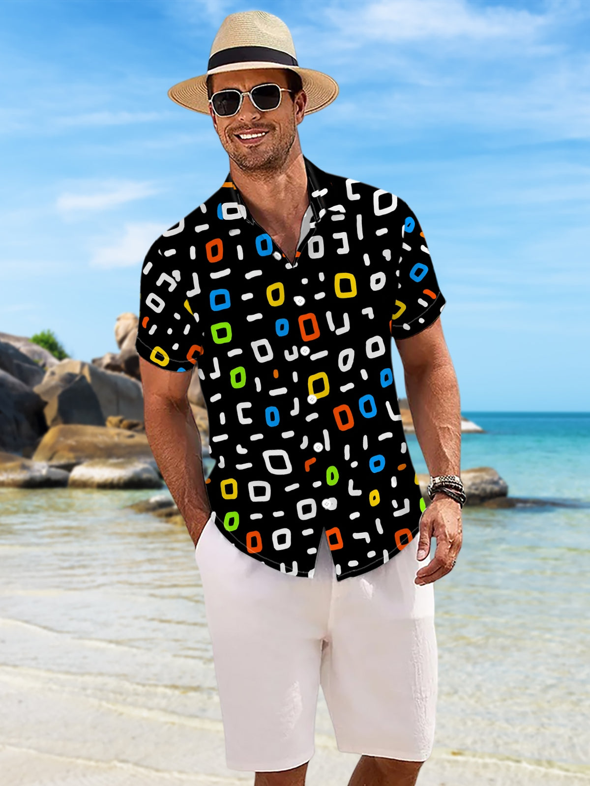 New Men'S Casual Short Sleeve Shirt, Black Background with Colorful White Irregular Short Lines, Festive Gathering Commute All-Match, Polyester Fabric Machine Washable, Button-Print Shirt