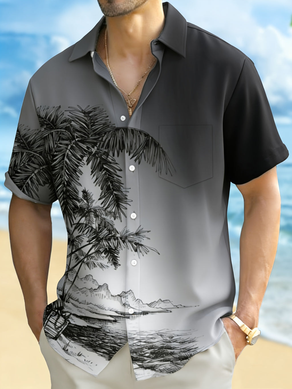 Casual Vacation Gradient Coconut Tree Print Men'S Button-Up Short Sleeve Shirt, Plus Size