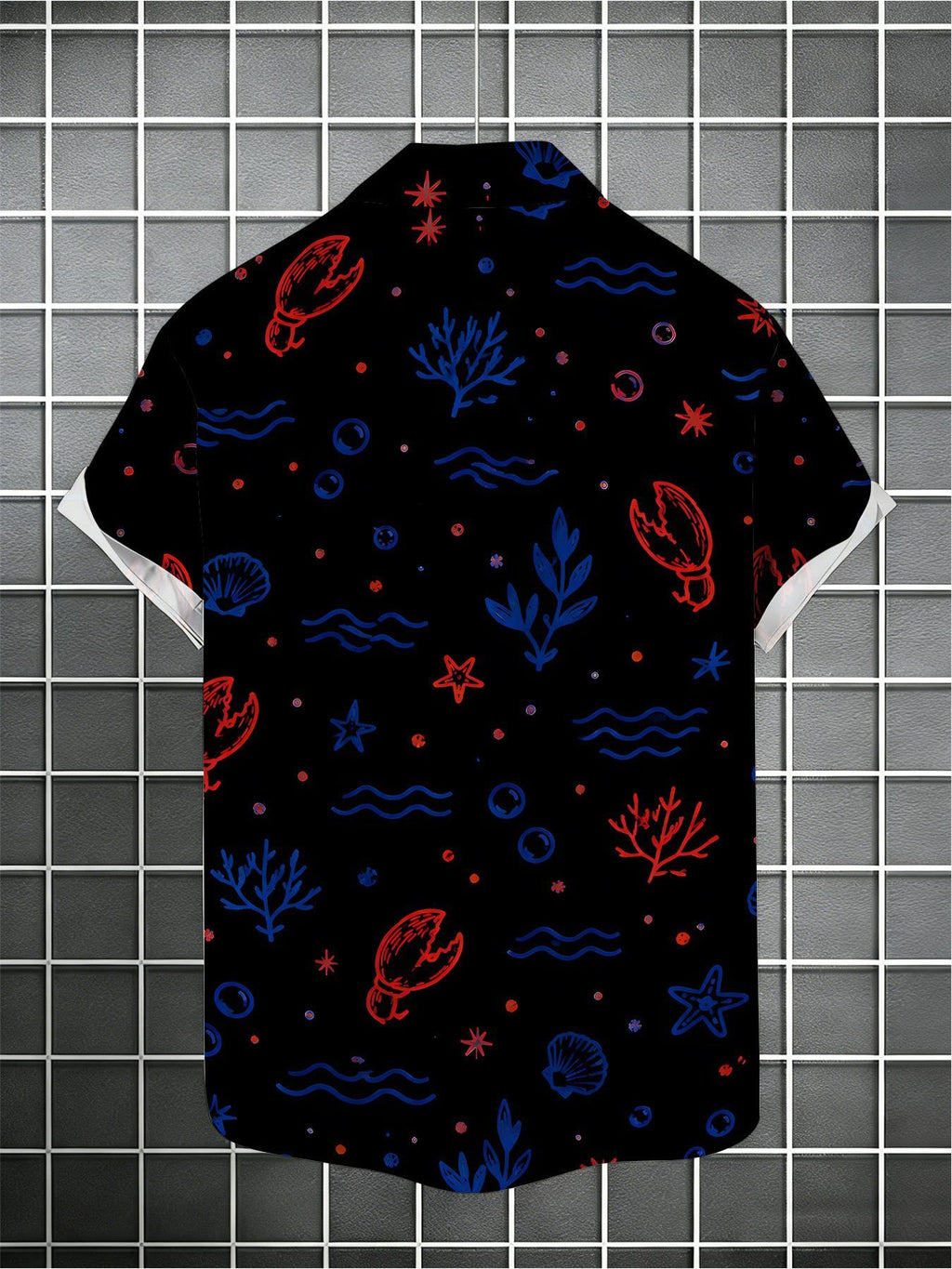 Men's Resort-style Shirt, Red and Blue Crab-themed Print, Summer Casual Top