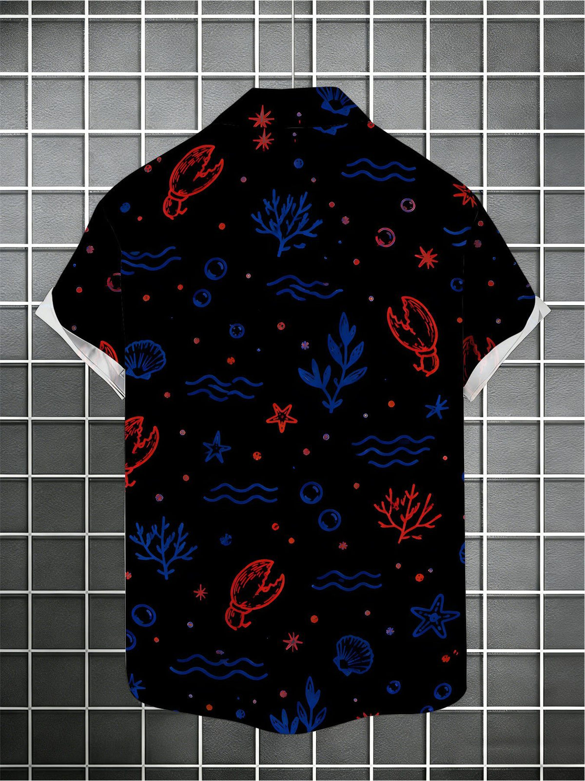 Men's Resort-style Shirt, Red and Blue Crab-themed Print, Summer Casual Top