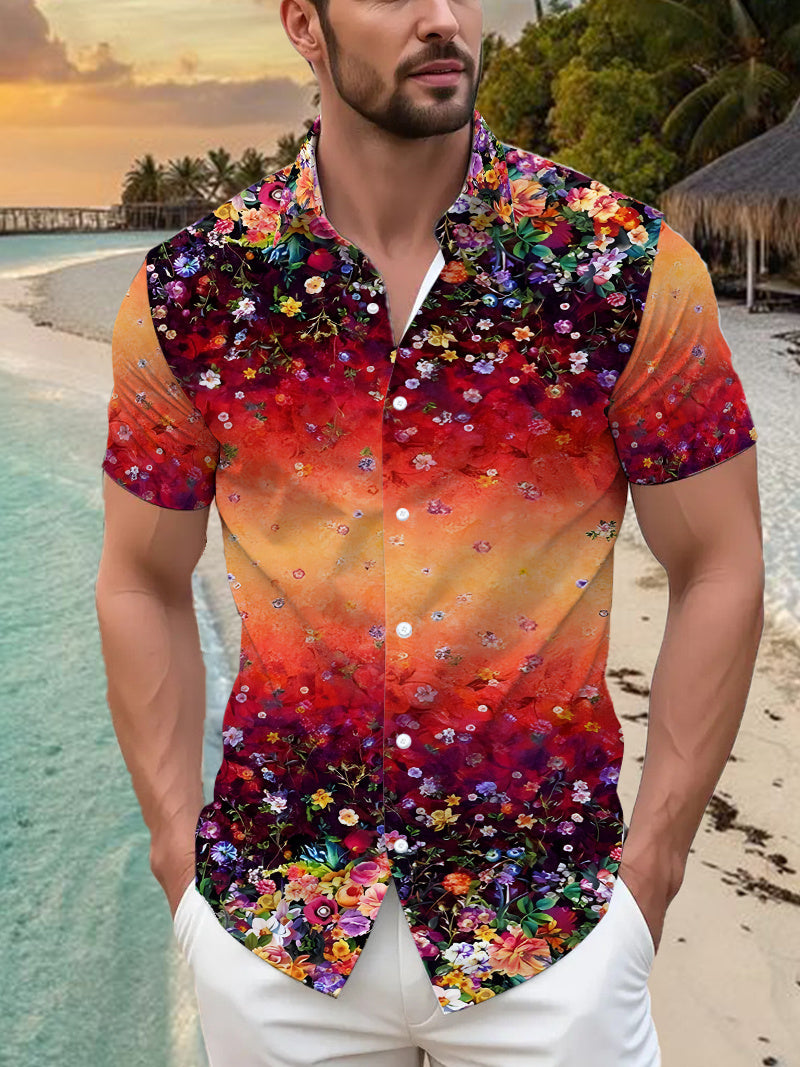 Men's Tropical Flower Print Short Sleeve Button- Shirt - Loose Fit Collar Summer Beach Vacation Wear, Hawaiian Shirt with Full-Body Hibiscus & Palm Print (Hand Washable)