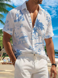 New Men's Casual Short-Sleeve Shirt, Blue Island Water House Coconut Wave Print, Vacation Style Repeating Pattern, Versatile Casual Top for Holiday Parties and Commuting, Polyester Fiber Fabric, Machine Washable, Button-Up Printed Shirt
