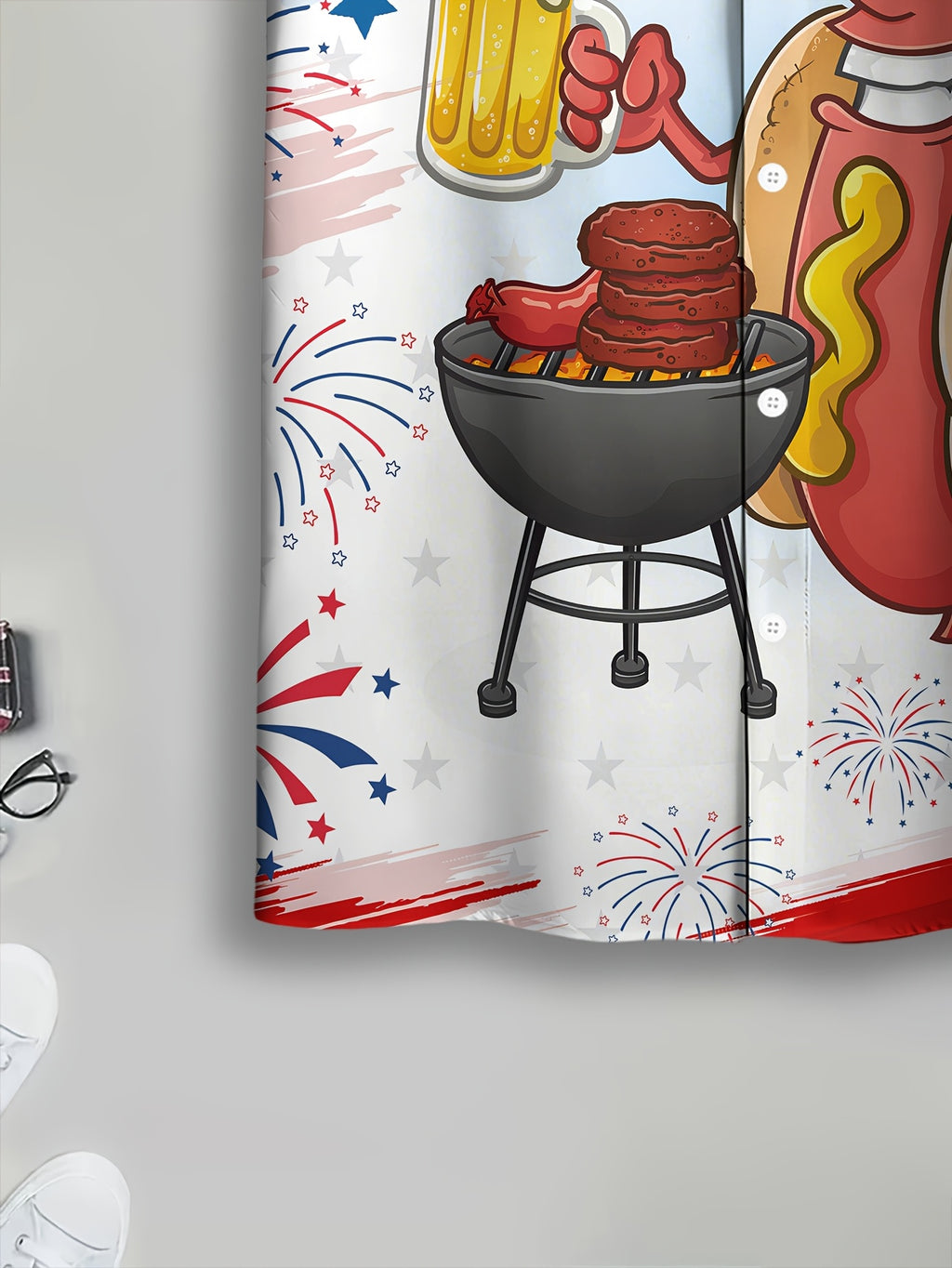 Men'S Short Sleeve Shirt with American Independence Day Theme Print, Cartoon Barbecue Pattern, Hawaiian Style Top