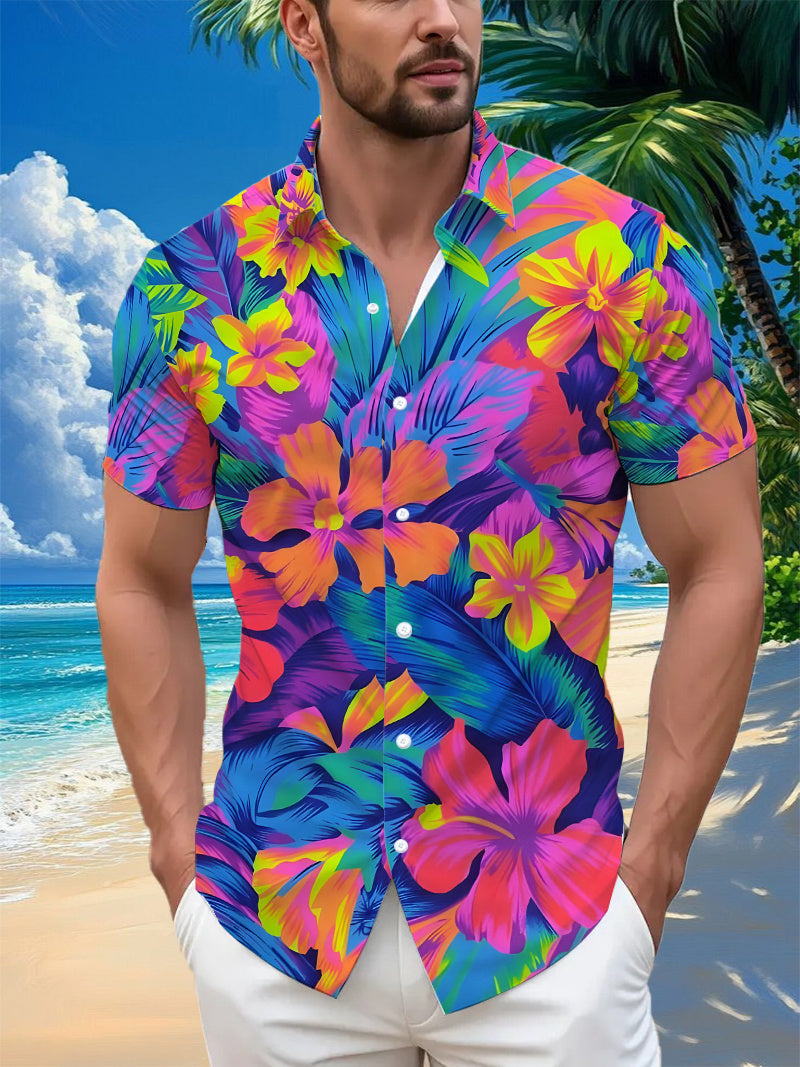 Men's Casual Shirt with Vibrant Floral Print - Short Sleeve Button-Up Design, Summer Outdoor and Casual Wear, Everyday Outfit