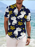 Men'S Casual Short-Sleeve Shirt, Deep Blue Background with Cute White Cat Wearing Colorful Unicorn Hat, Scattered Yellow Stars, Fashionable And Versatile for Beach Vacation