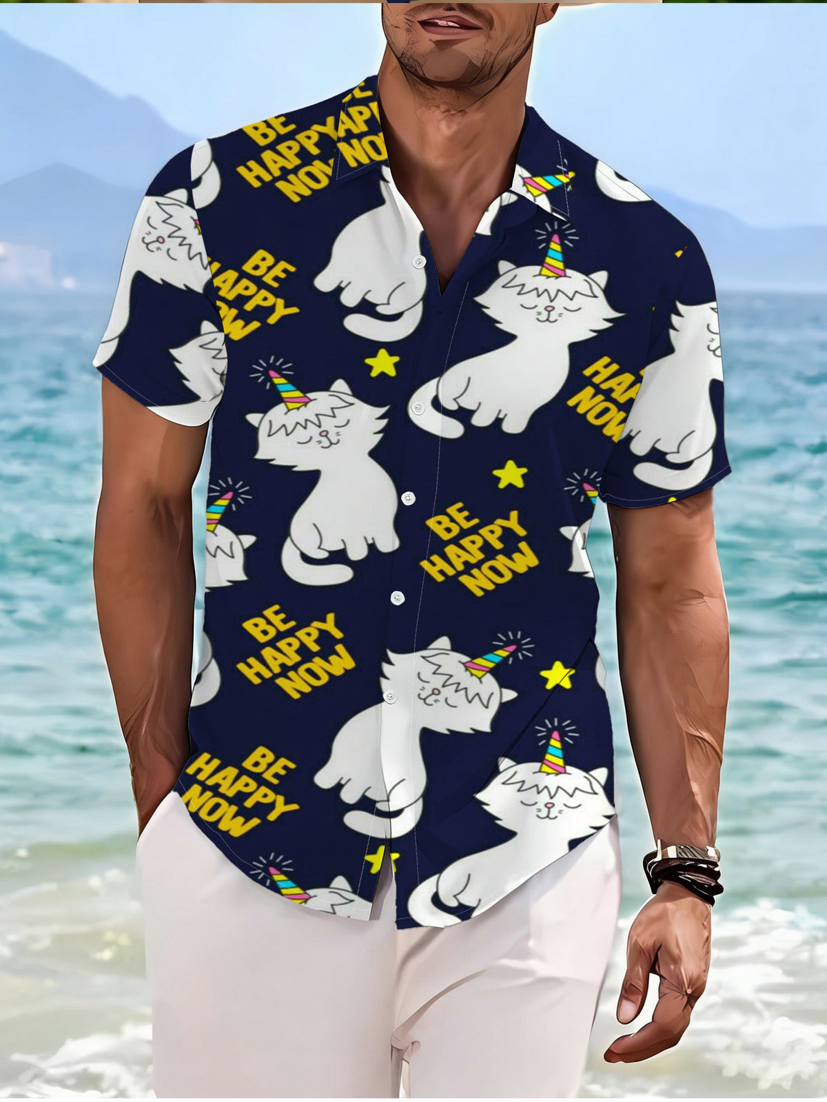 Men'S Casual Short-Sleeve Shirt, Deep Blue Background with Cute White Cat Wearing Colorful Unicorn Hat, Scattered Yellow Stars, Fashionable And Versatile for Beach Vacation