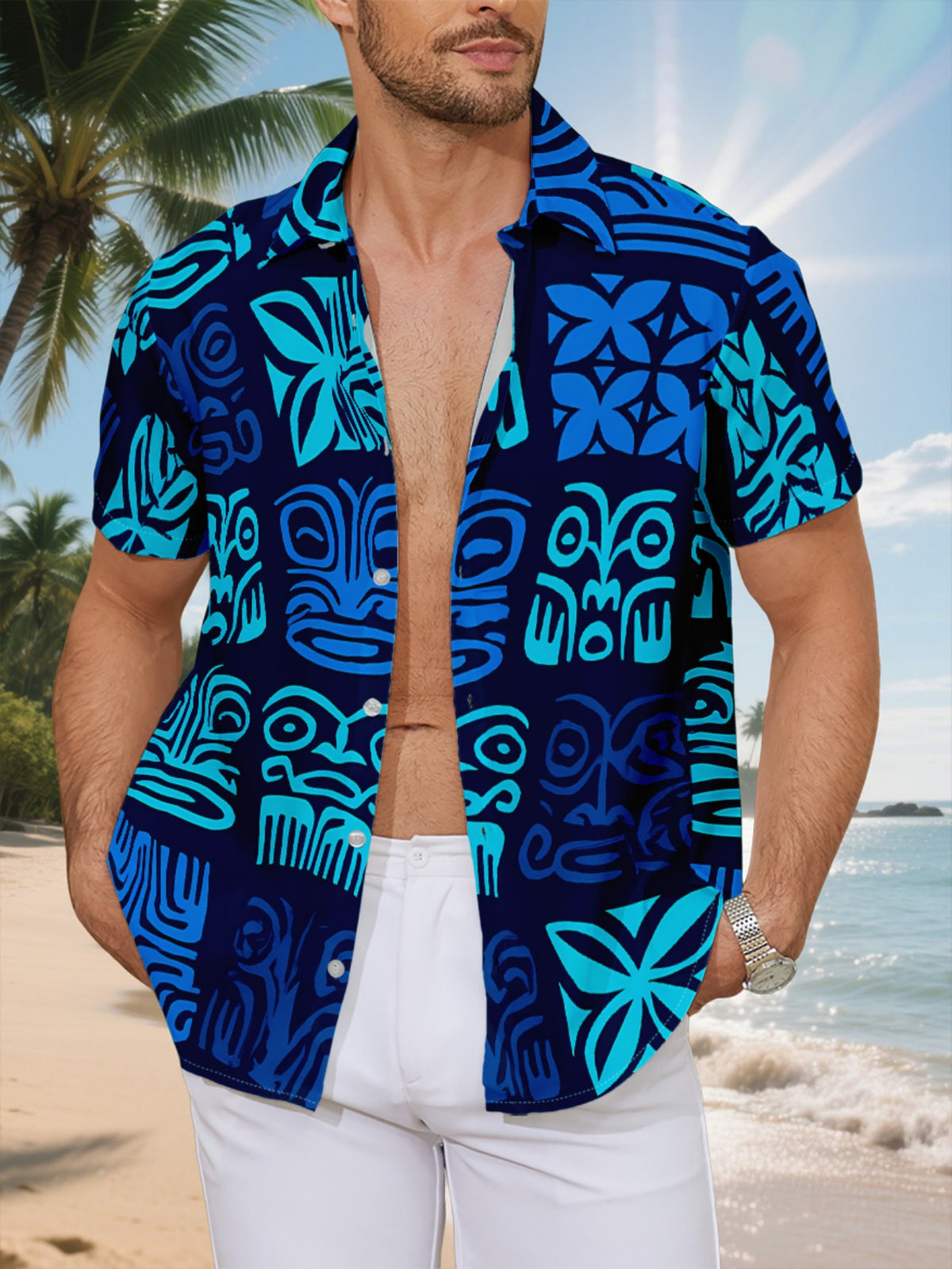 New Men'S Casual Short-Sleeve Shirt Featuring a Blue Base with Turquoise Polynesian Style Tribal Patterns, Perfect for Festivals, Gatherings, And Commuting. Made from Machine-Washable Polyester Fabric, It Has a Button-Up Design
