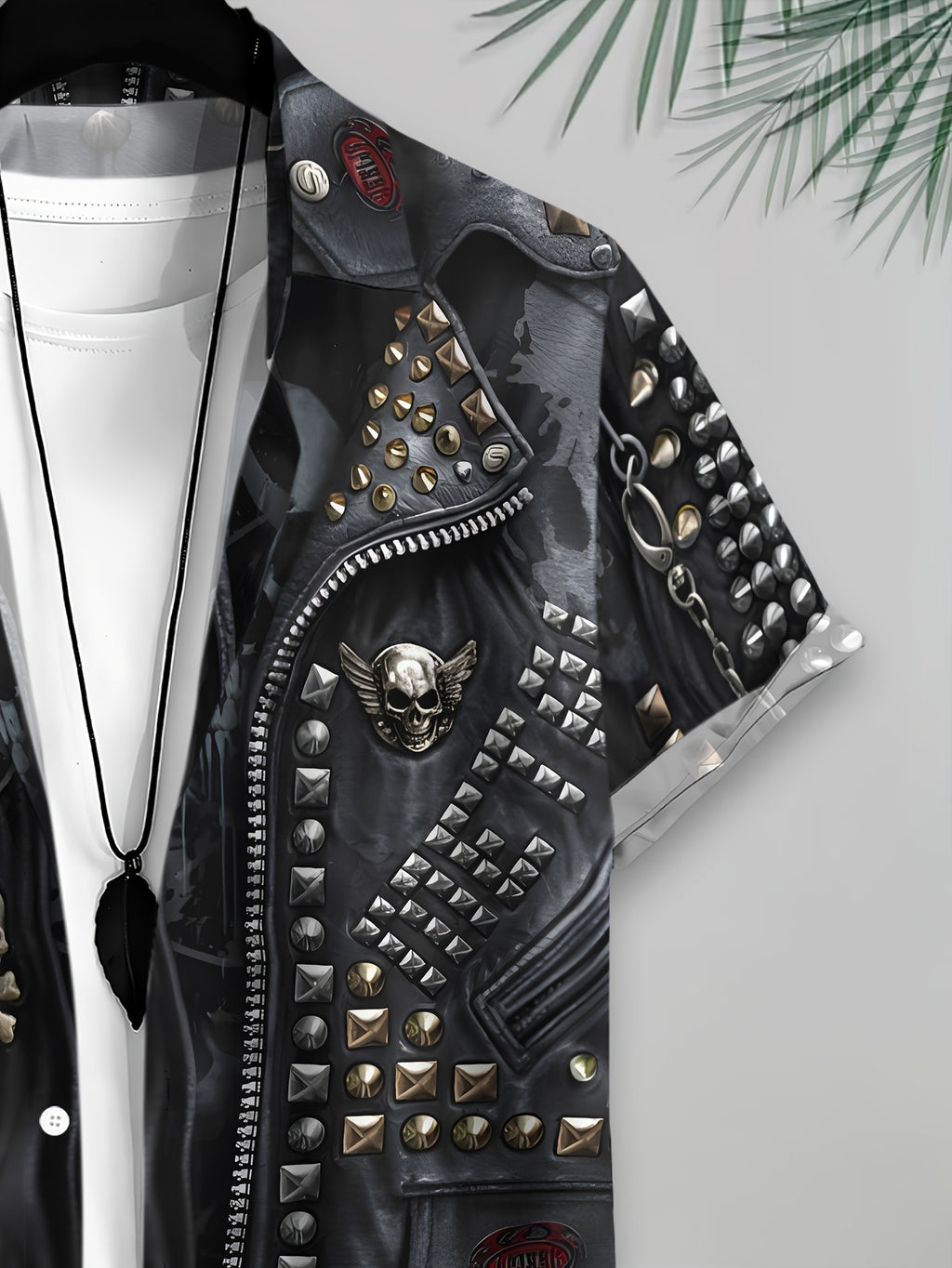 Printed Design-Not Textured 2D Printing Biker Style Men'S Casual Shirt, Print Black Leather Jacket with Skulls And Studs Summer Pattern Highlights