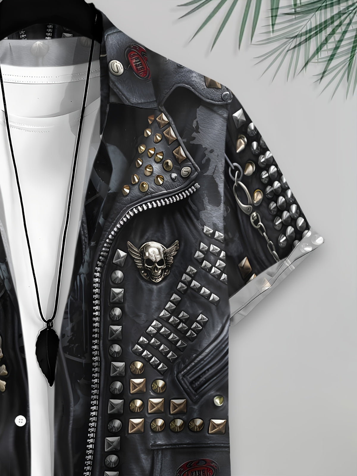 Printed Design-Not Textured 2D Printing Biker Style Men'S Casual Shirt, Print Black Leather Jacket with Skulls And Studs Summer Pattern Highlights