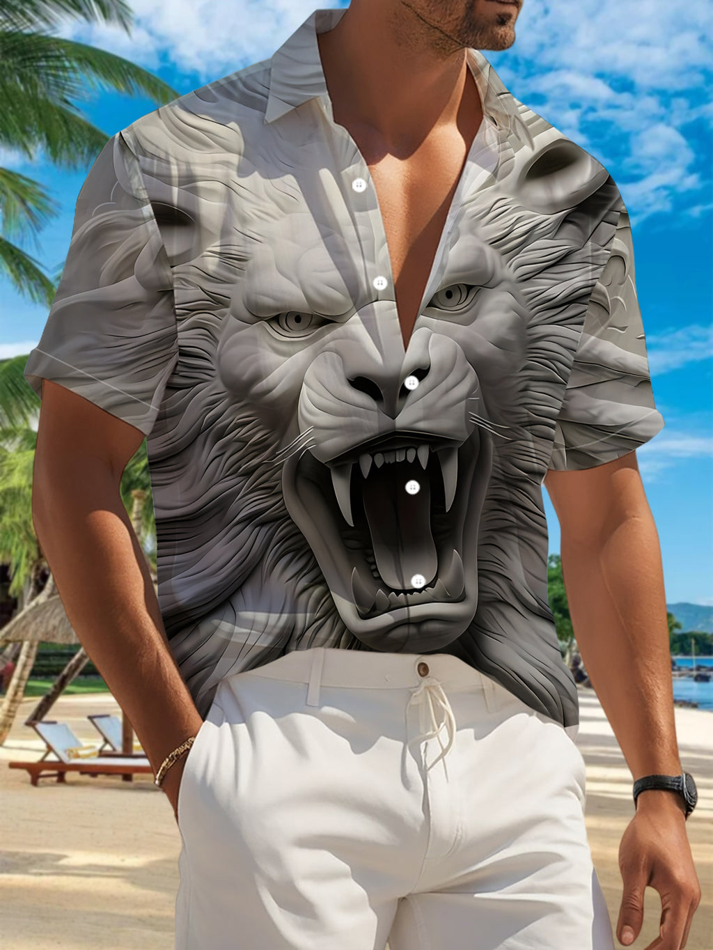 New Men's Casual Short-Sleeve Shirt - White Fabric with Engraved Fierce Lion, Curling Mane, and Bared Fangs for a Dazzling Presence. Versatile Casual Top for Festivals, Parties, and Commuting. Polyester Fabric, Machine Washable. Button