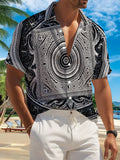 New Men'S Casual Short-Sleeved Shirt, Black And White Staggered Golden And Silver, Round And Square Overlapping Decorative Patterns Are Dense And Delicate, Versatile for Holiday Parties And Commuting, Polyester Fiber Fabric Is Machine Washable