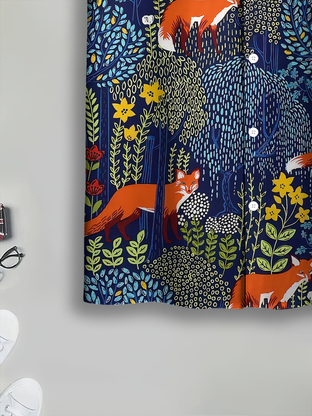 Men's Casual Shirt Print Navy Blue Fox And Flowers Pattern Summer Vibrant Wildlife Design