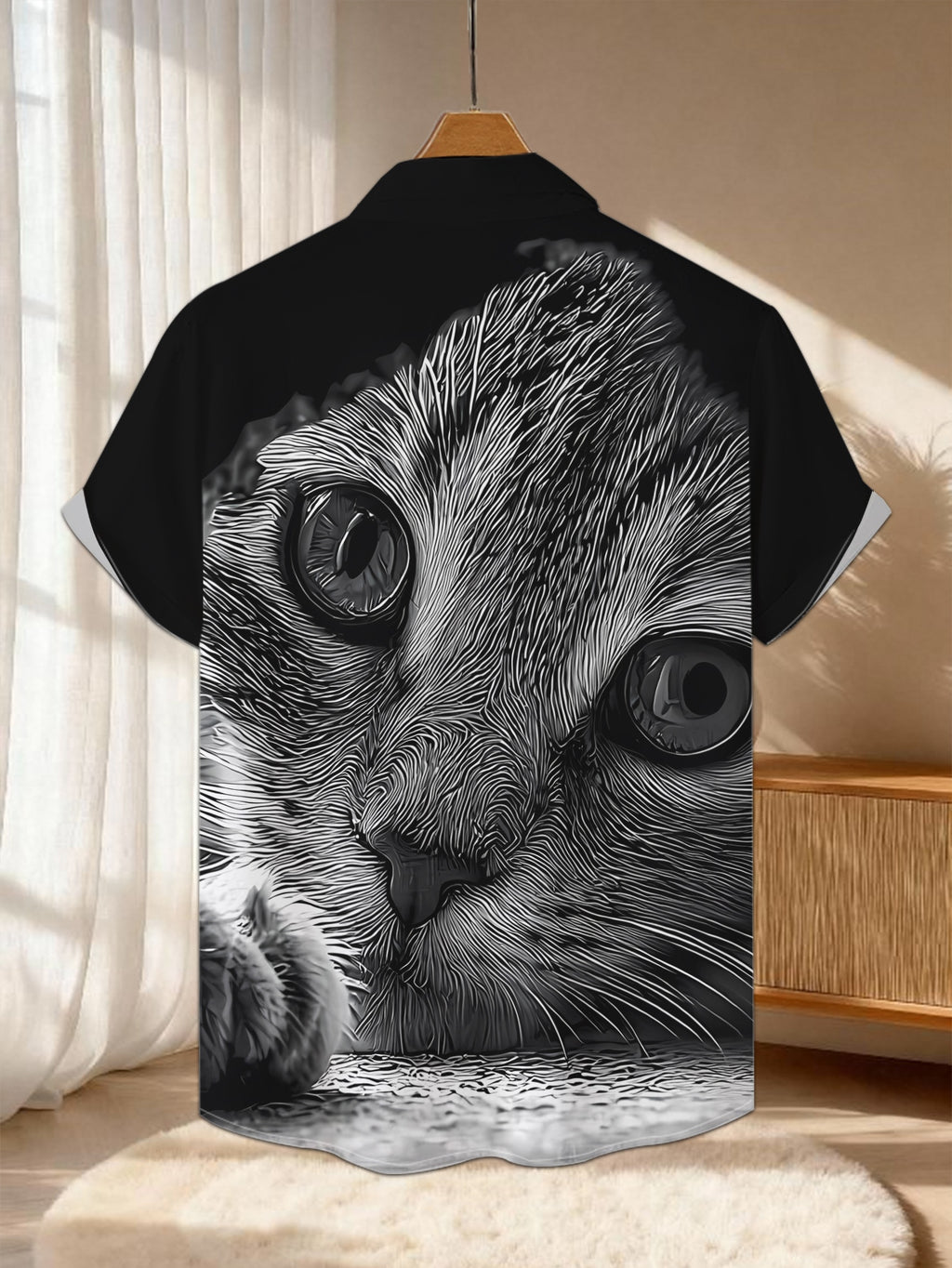 New Men's Casual Short-Sleeve Shirt with Ink-Washed Cat Print, Round Eyes Peeking, Paws Resting on Table, Versatile Holiday Party and Commuting Top. Made of Polyester Fiber, Machine Washable. Button-Up Printed Shirt