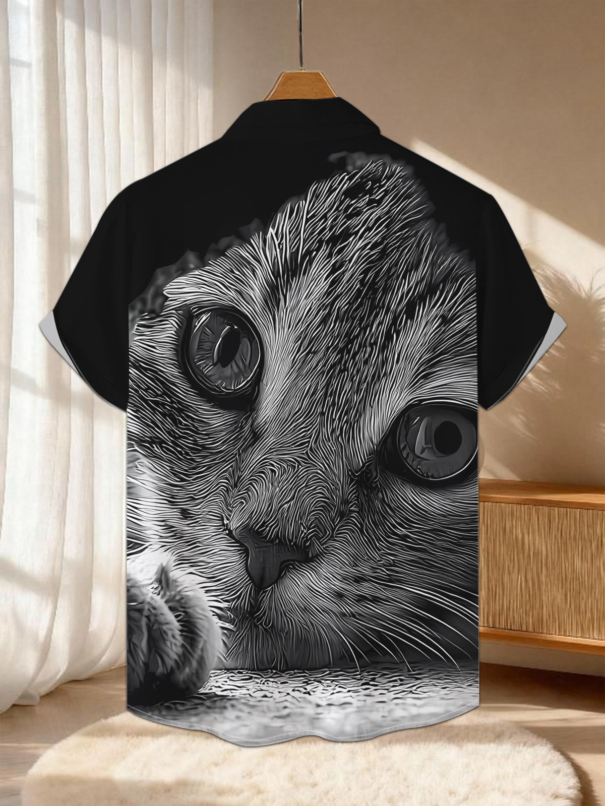 New Men's Casual Short-Sleeve Shirt with Ink-Washed Cat Print, Round Eyes Peeking, Paws Resting on Table, Versatile Holiday Party and Commuting Top. Made of Polyester Fiber, Machine Washable. Button-Up Printed Shirt