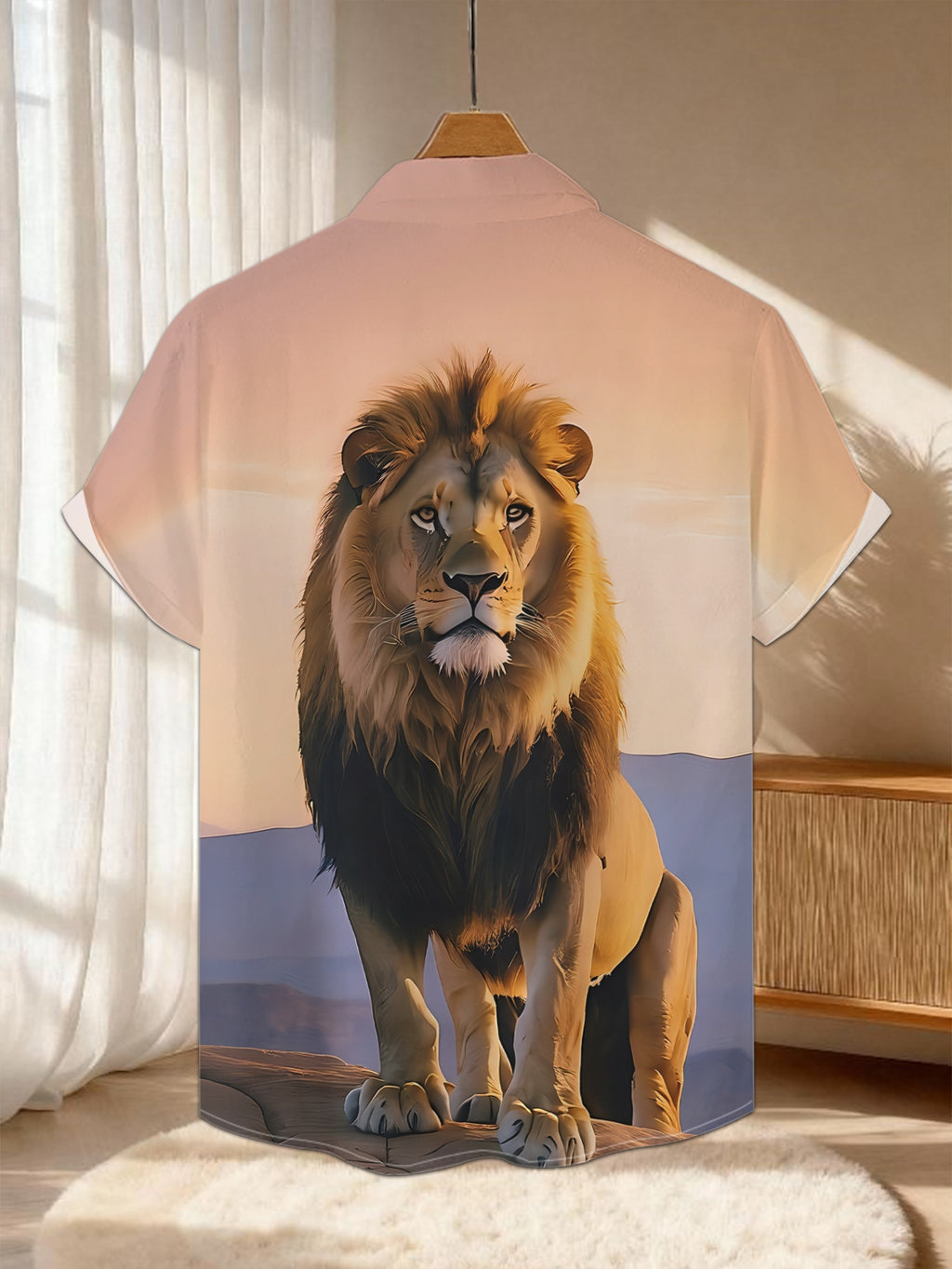 New Men'S Casual Short Sleeve Shirt Lion Resting on Stone Peak at Sunset Distant Mountains Reveal Regal Bearing Holiday Party Commuting Versatile Casual Top, Machine Washable Button-Up Shirt