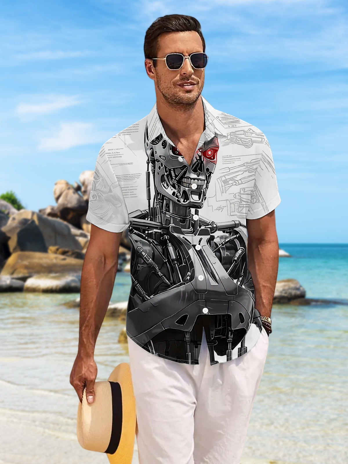 New Men'S Casual Short-Sleeve Shirt Featuring a Red-Eyed Mechanical Skeleton Design, Complete with Design Sketches. Perfect for Holiday Parties, Commuting, And Versatile Casual Wear. Made from Machine-Washable Polyester Fabric with a Button Print