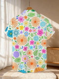 New Men's Casual Short-Sleeve Shirt with Full-Print Vibrant Small Floral and Leaf Pattern, Fresh and Romantic, Versatile for Holiday Parties and Commuting, Machine-Washable Polyester Fiber Fabric, Button-Up Printed Shirt