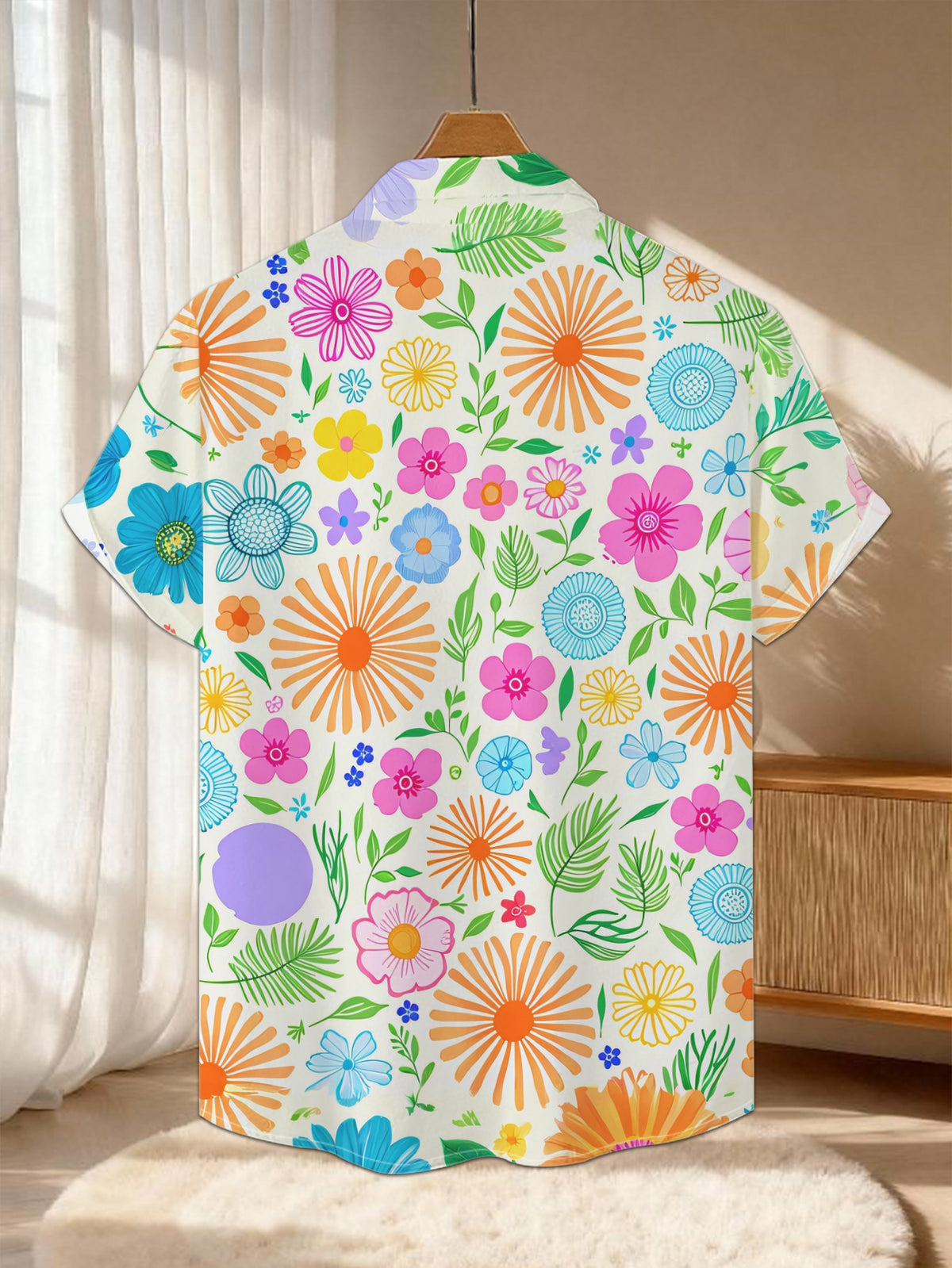 New Men's Casual Short-Sleeve Shirt with Full-Print Vibrant Small Floral and Leaf Pattern, Fresh and Romantic, Versatile for Holiday Parties and Commuting, Machine-Washable Polyester Fiber Fabric, Button-Up Printed Shirt