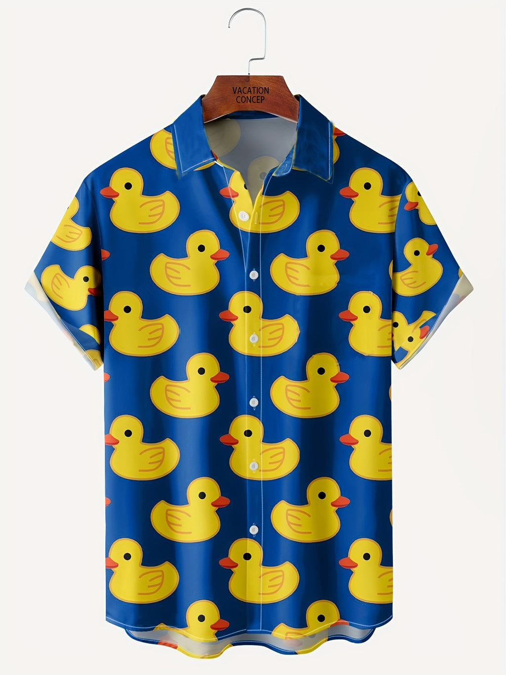 Men's Printed Button- Lapel Shirt - Casual Summer Fashion Apparel, Men's Digital Print Summer Short-Sleeve Shirt, Cute Duck Print Men's Casual Short-Sleeve Shirt with Chest Pocket, Men's Shirt, Suitable for Summer Resorts, Men's Button-Up Shirt