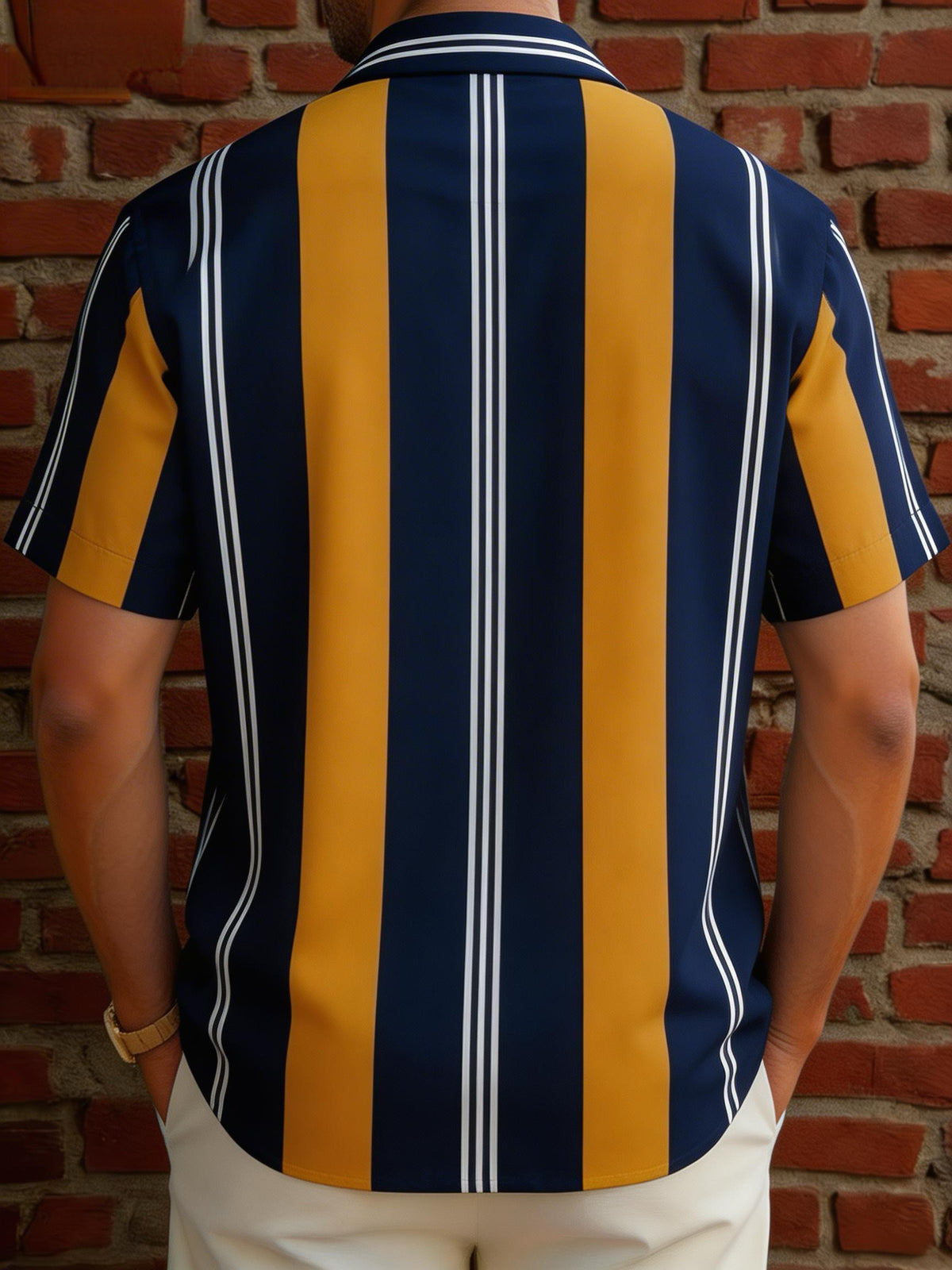 Men's Vintage Geometric Patchwork Shirt, a Navy Blue, Yellow, and White Vertical Stripe Short-sleeve Shirt. Featuring a Navy Blue Base Color with Wide Yellow Stripes and Fine White Lines as the Core Design, This Slim-fit Single-breasted Shirt Offers