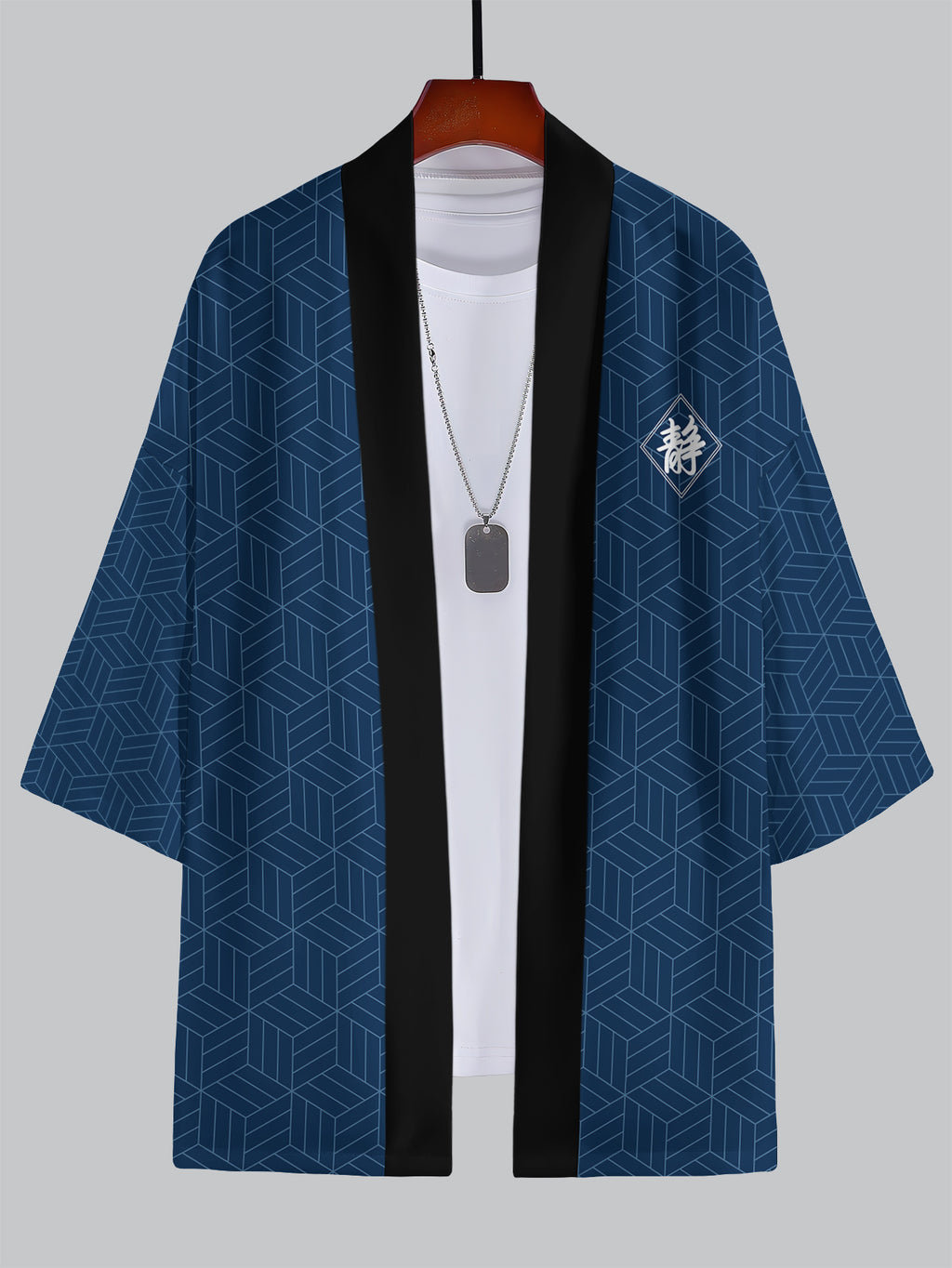 Casual Men'S Kimono Cardigan, Printed Navy Blue Geometric Pattern with Chinese Character Seasonal Design Featuring a Diamond Frame And Calm Symbol