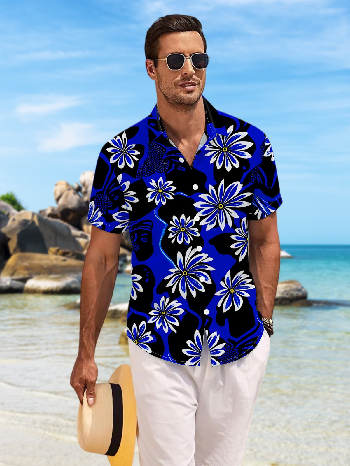New Men'S Casual Short-Sleeve Shirt with a Blue-Black Base And White-Blue Floral Patterns. It Features an Elegant Exotic Feel, Suitable for Holiday Gatherings, Commuting, And Casual Wear. Made from Machine-Washable Polyester Fabric