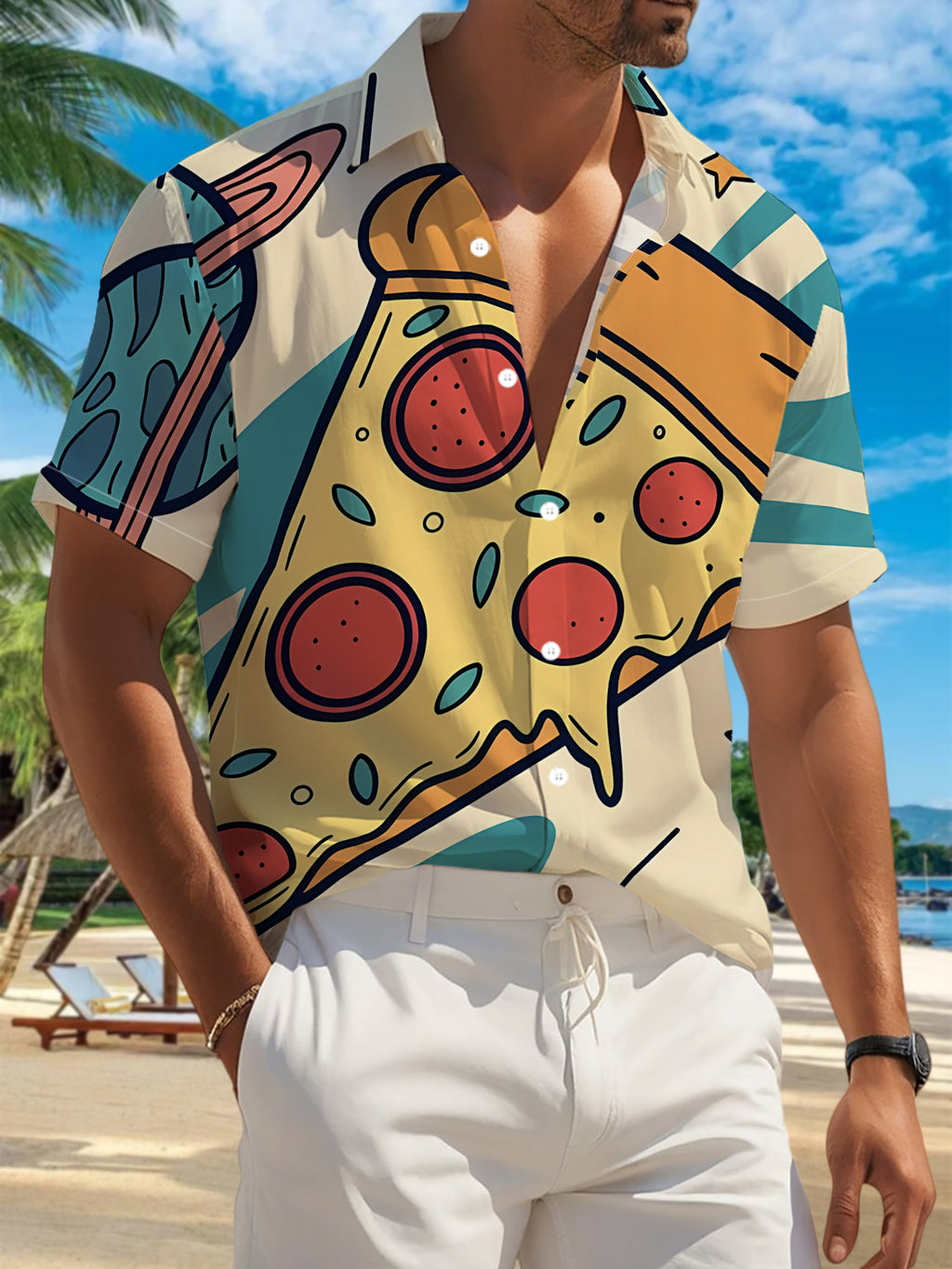 New Men'S Casual Short-Sleeved Shirt, a Slice of Italian Sausage Pizza Flying in Space, Versatile for Holiday Gatherings And Commuting, Polyester Fiber Fabric Is Machine Washable, Button- Print Shirt