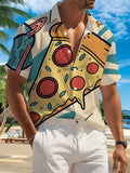 New Men'S Casual Short-Sleeved Shirt, a Slice of Italian Sausage Pizza Flying in Space, Versatile for Holiday Gatherings And Commuting, Polyester Fiber Fabric Is Machine Washable, Button- Print Shirt