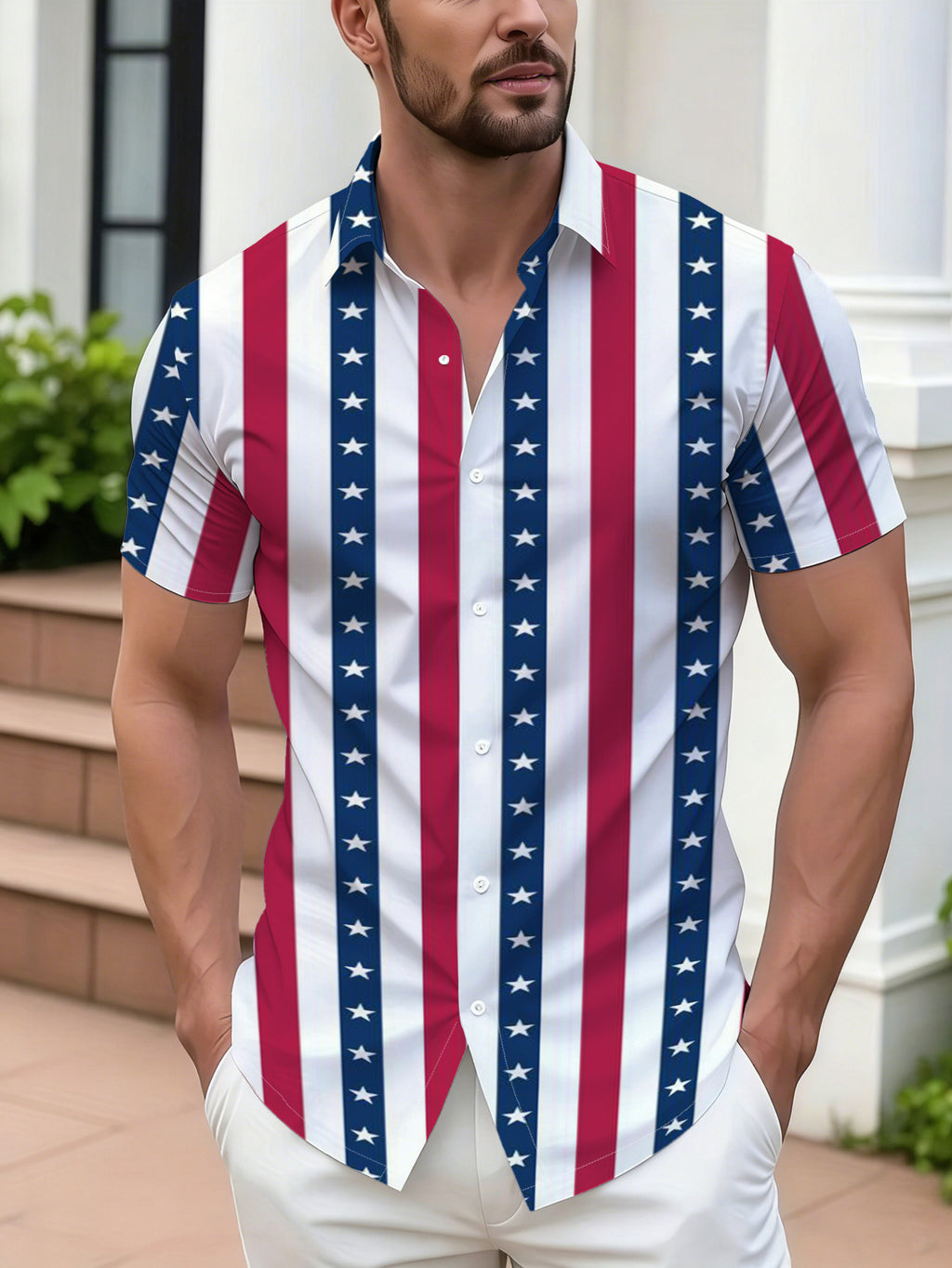 Men'S Casual Short Sleeve Shirt, Red White Stripes with Blue Background And White Stars Pattern, Fashionable All-Match Beach Vacation