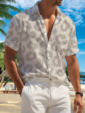 New Men'S Casual Short-Sleeve Shirt Featuring a Light Gray Leopard Print on a Cream Background, Perfect for Holiday Gatherings, Commuting, And Versatile Casual Wear. Made from Machine-Washable Polyester Fabric with a Button-Up Design