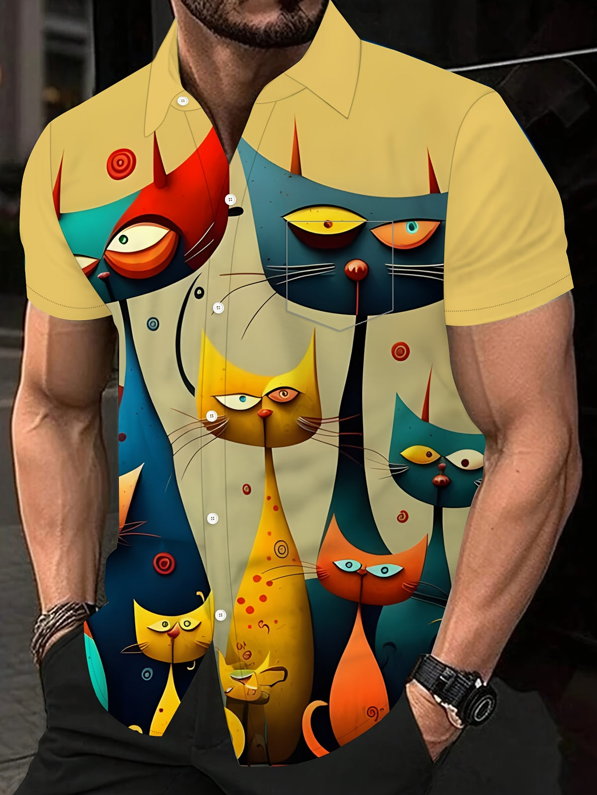 [Printed Design - Not Texture] Men'S Short Sleeve Shirt, Cartoon Cat Theme Pattern, Button-Up, Regular Fit, Fashionable Casual Vacation Beach Style, Machine Washable Breathable Fabric, Plus Size