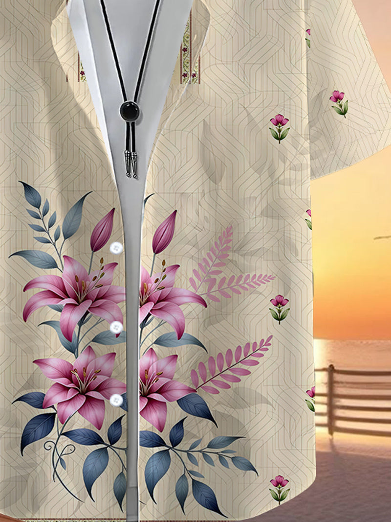Men'S Casual Shirt with a Vibrant Tropical Pink Floral Print from Hawaii - Featuring a Short Sleeve Button Design, Perfect for Outdoor And Leisure Wear in The Summer