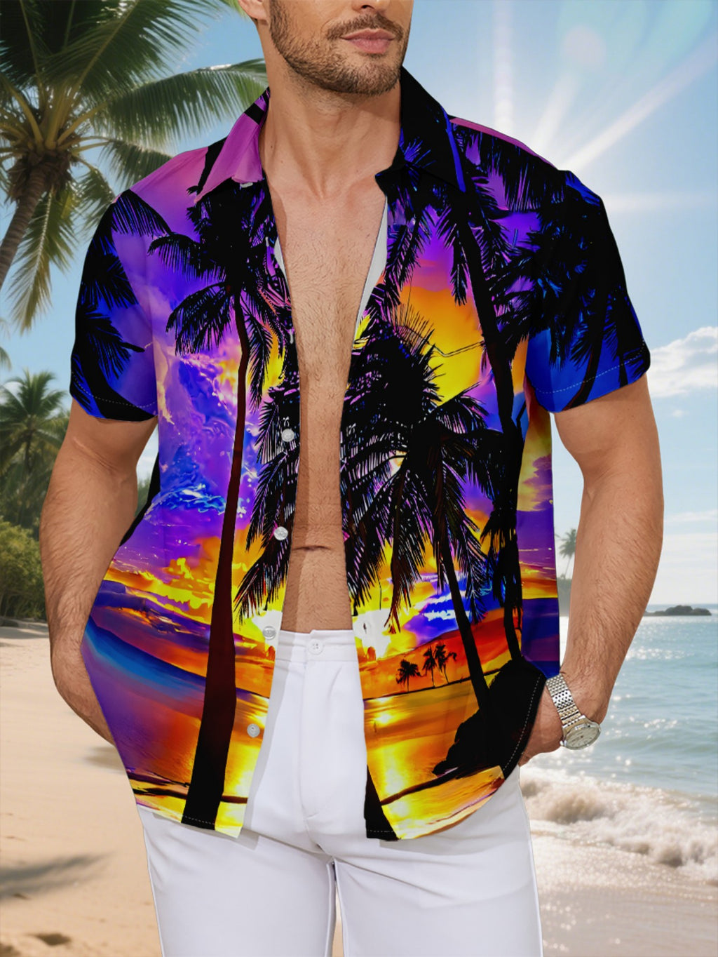 New Men'S Casual Short-Sleeve Shirt Featuring a Silhouette of Palm Trees Against a Vibrant Sunset, with The Sea Shimmering Like Scattered Golden. Perfect for Holiday Gatherings And Commuting, Made from Machine-Washable Polyester Fabric