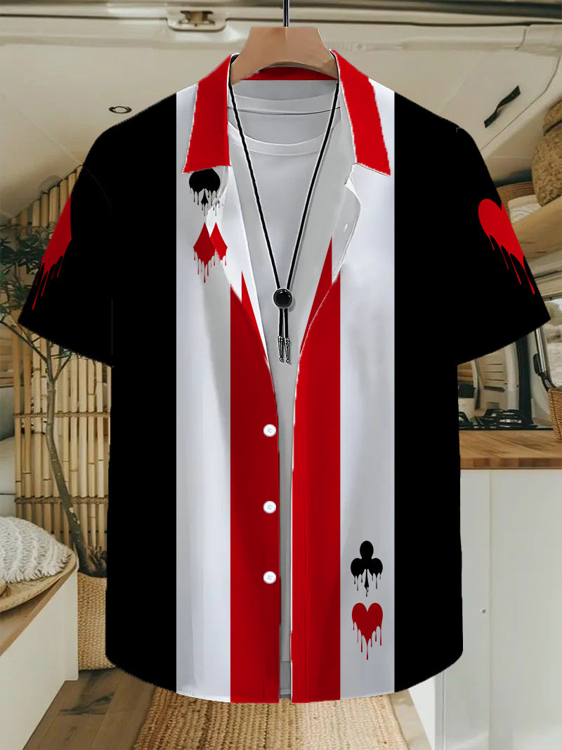 Men's Casual Anime Shirt with Hawaiian-Style Playing Card Cartoon Print, Regular Fit with Lapel Collar, Outdoor Travel Apparel