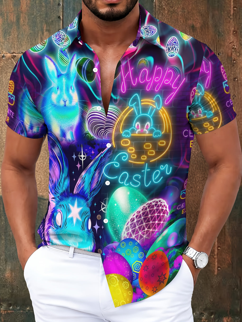 Hawaiian Style Men'S Casual Shirt, Printed Multicolor Easter Bunny And Eggs Design, Spring Neon Glow Effect