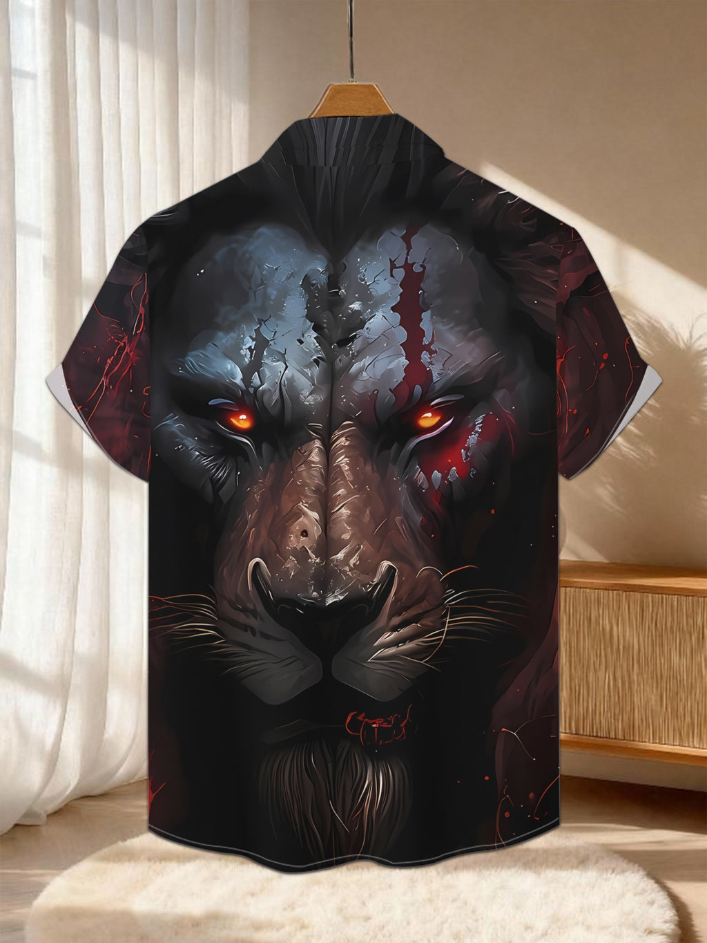 Men's Fierce Lion's Eye Button-Fit Shirt - Blood Vein Face Covering & Blazing Red Fire, Loose Collar Short-Sleeve Button-Up, Machine Washable Polyester Suitable for Holiday Parties, Commuting, and Summer Casual Wear